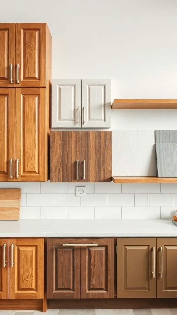 A modern kitchen with various styles of wooden cabinets.
