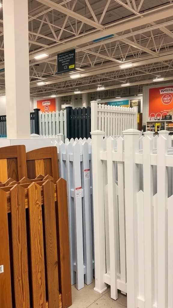 Various styles of fences displayed in a store.