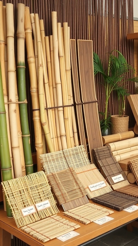 Various types of bamboo for fencing displayed in a store.