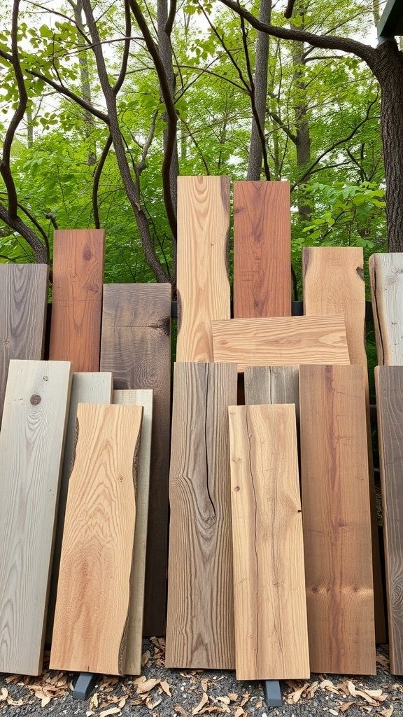 Various types of wood planks for fencing displayed outdoors.