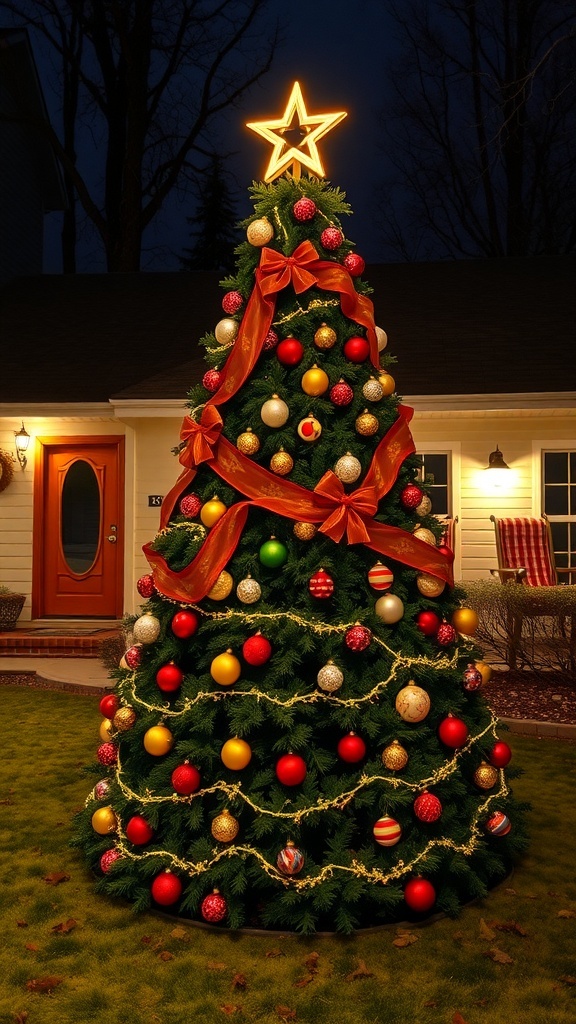A beautifully decorated outdoor Christmas tree with colorful ornaments and a star on top.