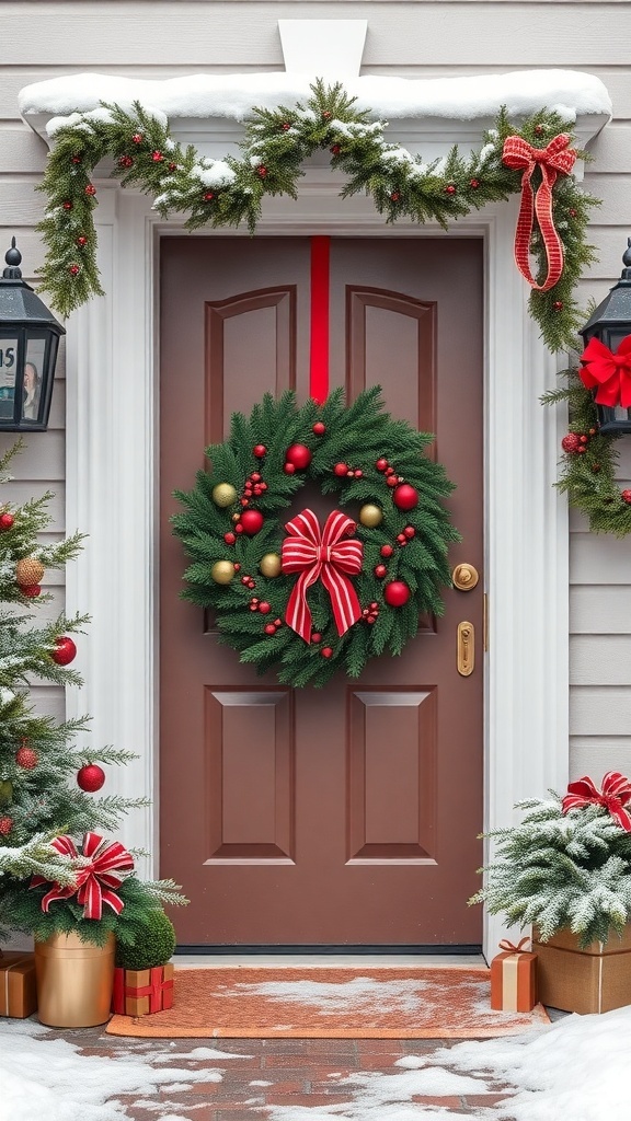 A beautifully decorated Christmas wreath on a brown door, surrounded by festive decorations.