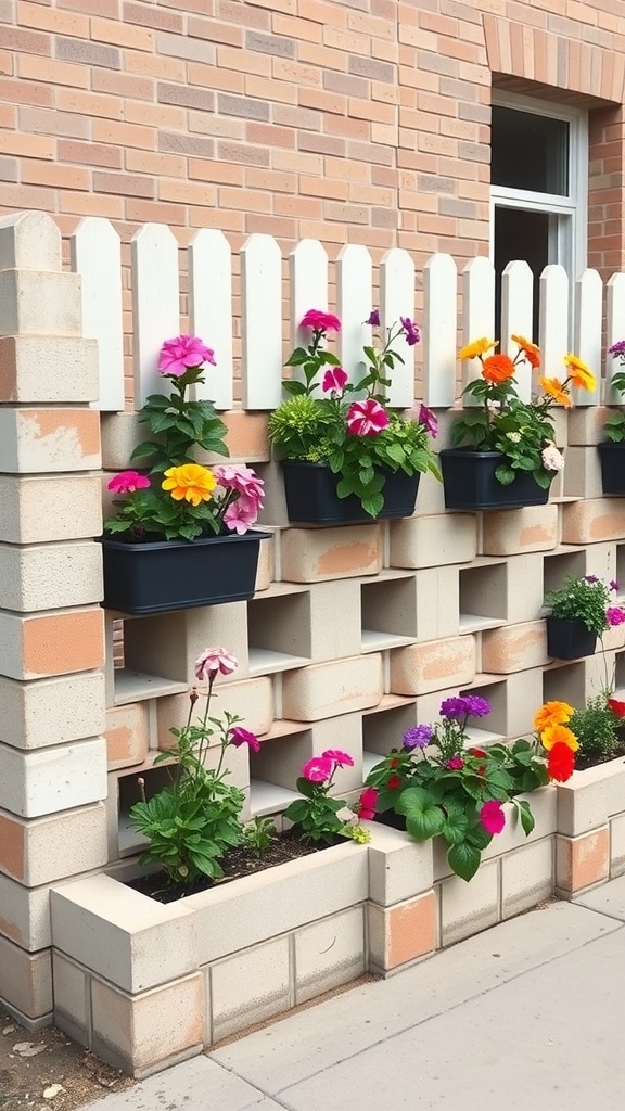 Cinder block fence with colorful flowers in planters