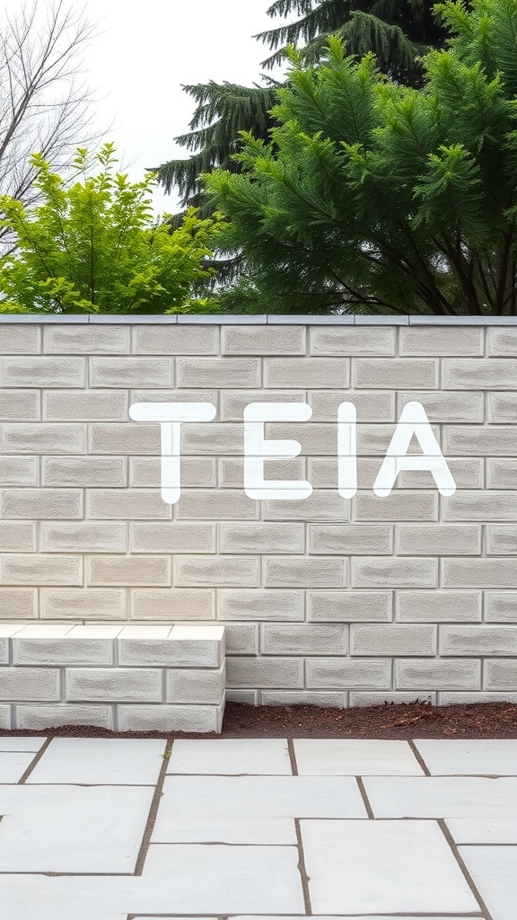 Cinder block wall with greenery in the background