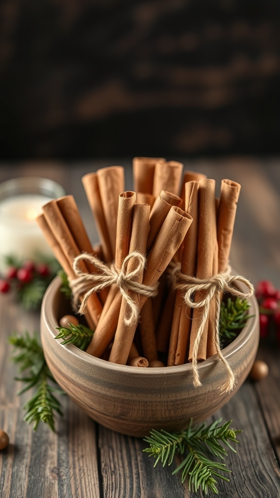 A bowl filled with bundles of cinnamon sticks tied with twine, surrounded by greenery.
