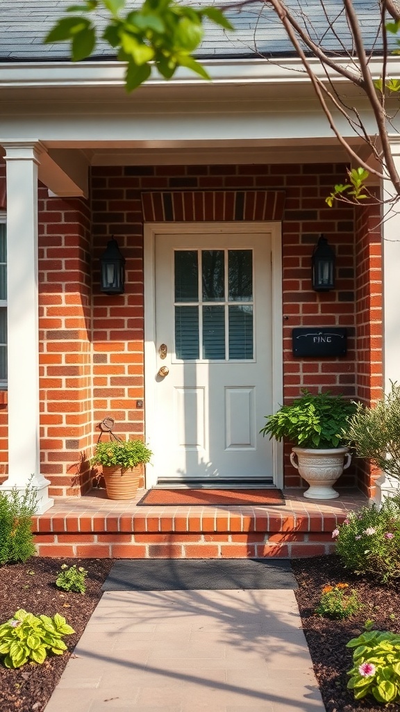 A cozy brick house entrance with a white door, potted plants, and a welcoming pathway.