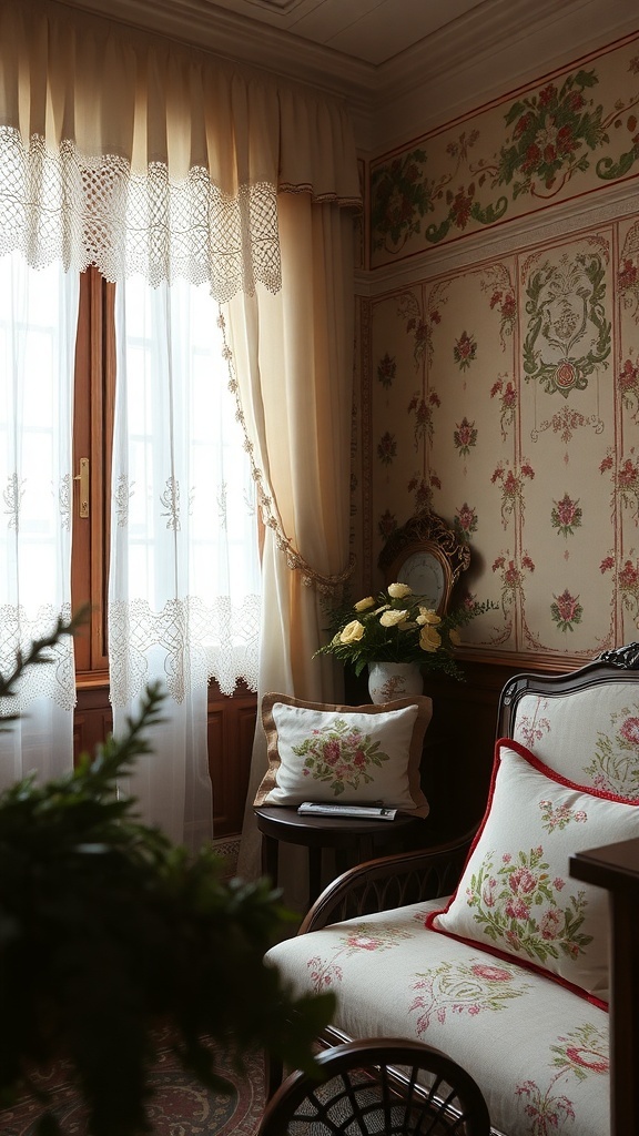 A vintage room featuring floral patterned cushions, lace curtains, and decorative wallpaper.