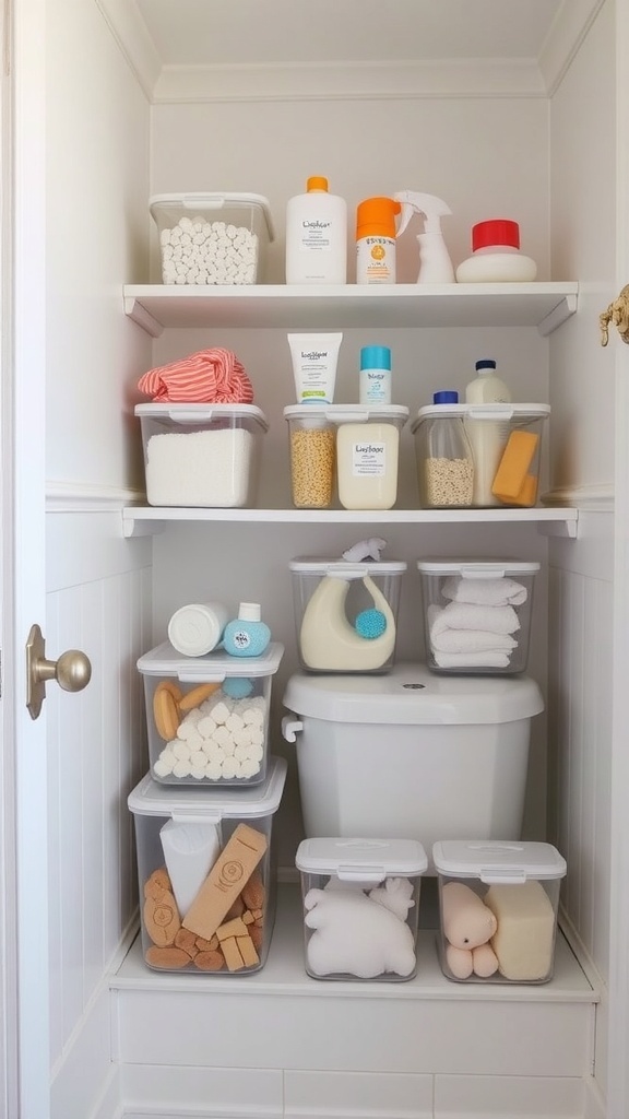 Organized bathroom shelves with clear containers holding various toiletries and bath items.
