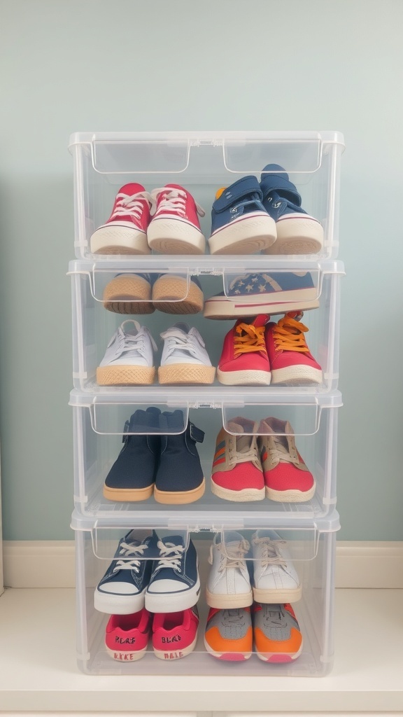 A stack of clear plastic shoe boxes filled with colorful kids' shoes.