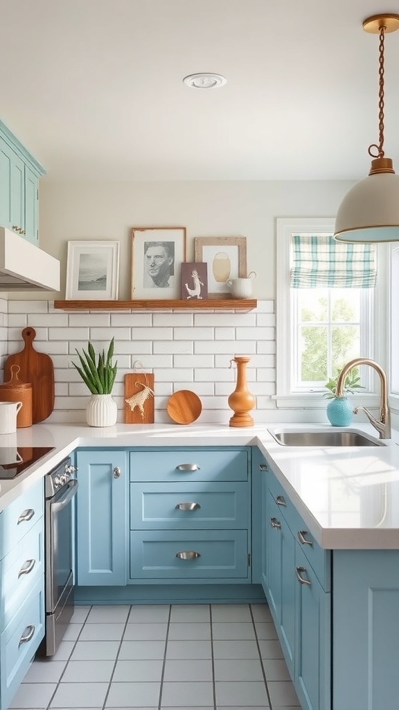 A cozy kitchen featuring light blue cabinets, white countertops, and wooden accents.