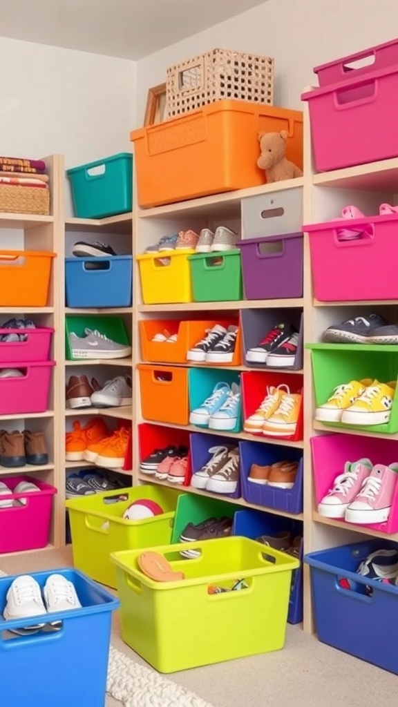 Color-coded shoe bins filled with various kids' shoes on shelves.