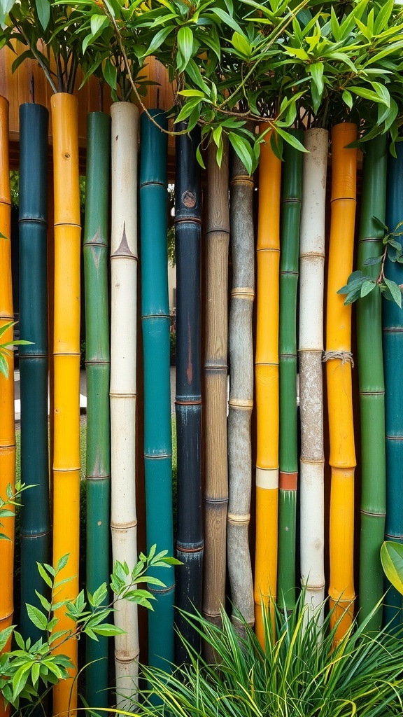 Colorful bamboo fence with green leaves