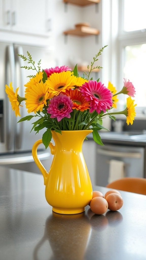 A yellow ceramic pitcher filled with colorful flowers on a kitchen island.