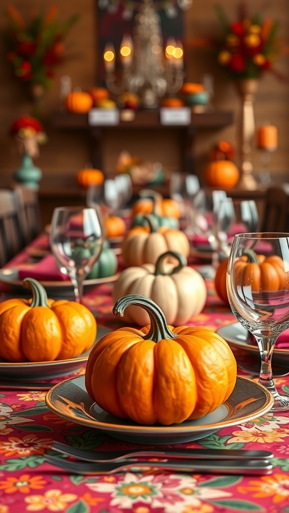 A colorful tablescape featuring mini pumpkins on plates, with a floral tablecloth and elegant glassware.