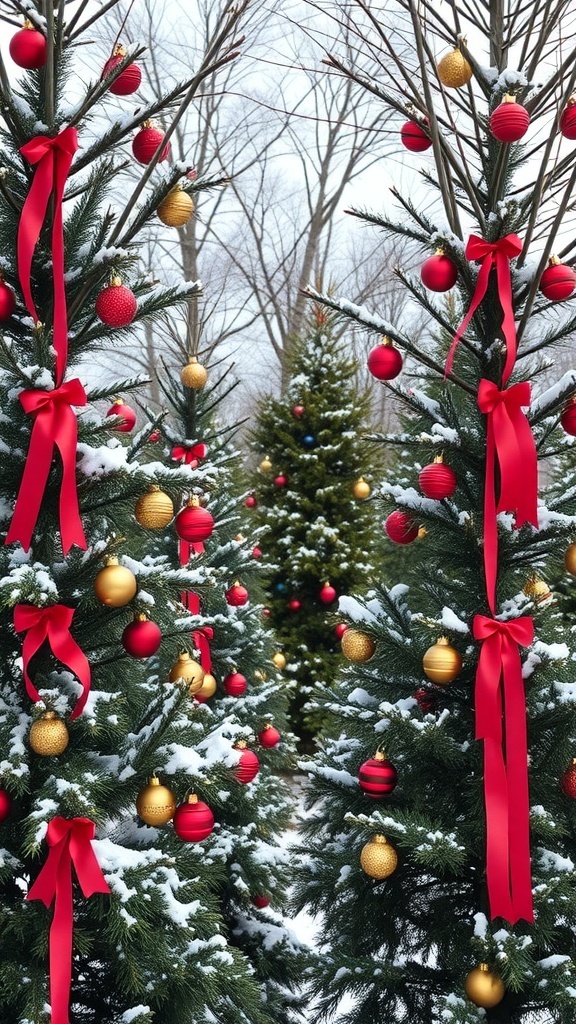 Trees decorated with colorful ornaments and ribbons in a snowy landscape.