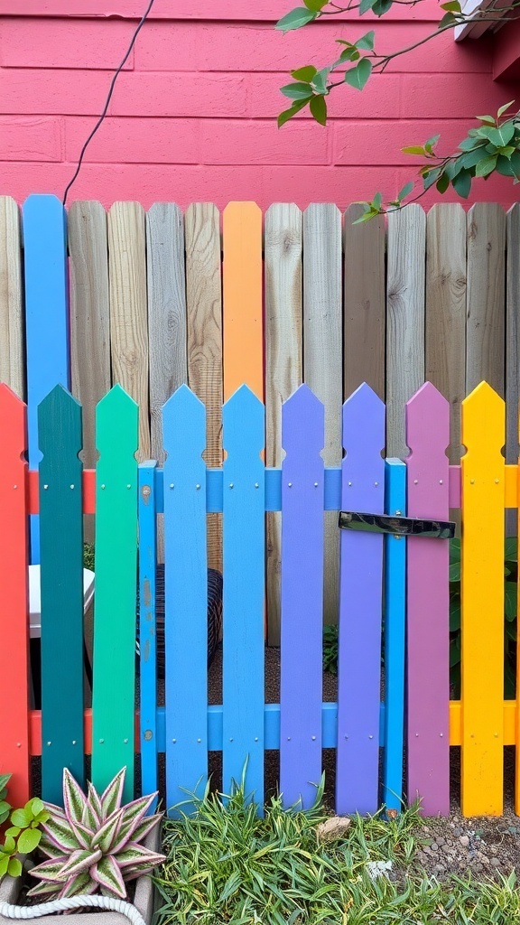 A colorful painted fence with various shades including blue, green, purple, orange, and yellow, surrounded by greenery.