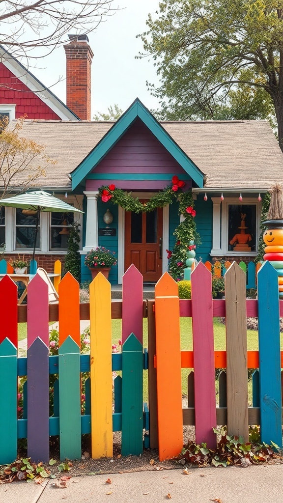 A vibrant, multi-colored picket fence in front of a charming house.
