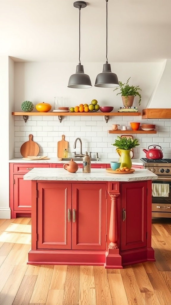 A vibrant red kitchen island with a marble top, surrounded by colorful decor and wooden shelves.