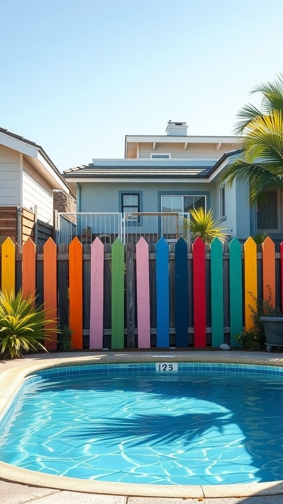 Colorful wooden fence surrounding a swimming pool.