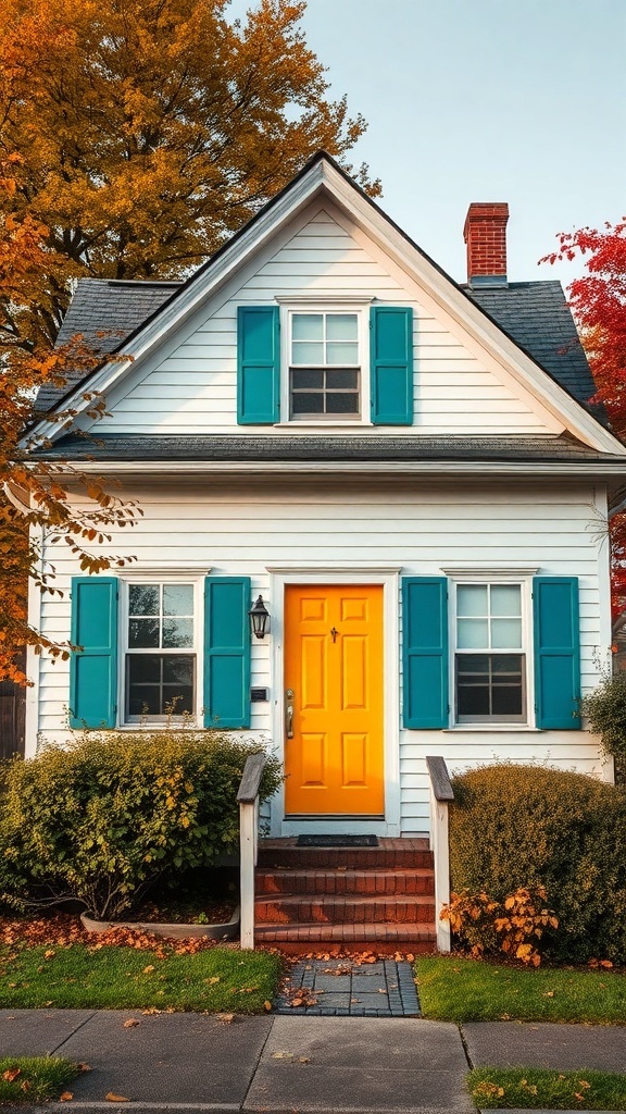 A cozy house with teal shutters and a bright yellow door surrounded by autumn foliage.