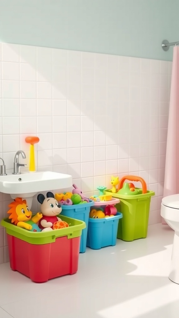 Colorful storage bins filled with toys in a kids' bathroom.