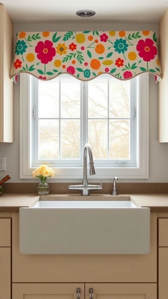 Colorful floral valance above a kitchen sink