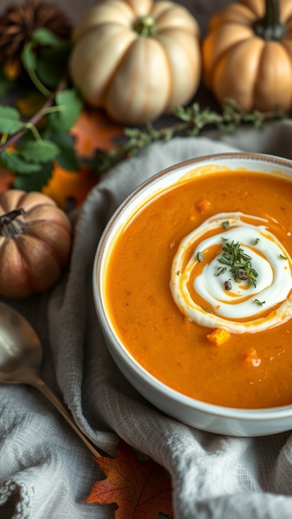 A bowl of pumpkin soup garnished with cream and herbs, surrounded by small pumpkins and autumn leaves.