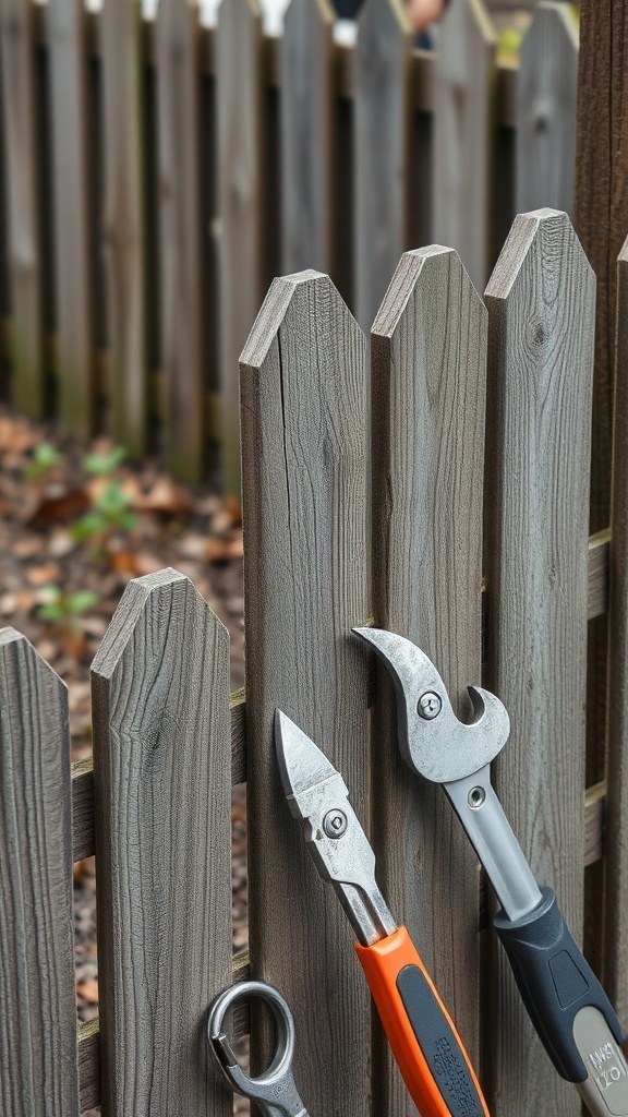 A close-up of a wood privacy fence with tools resting against it.