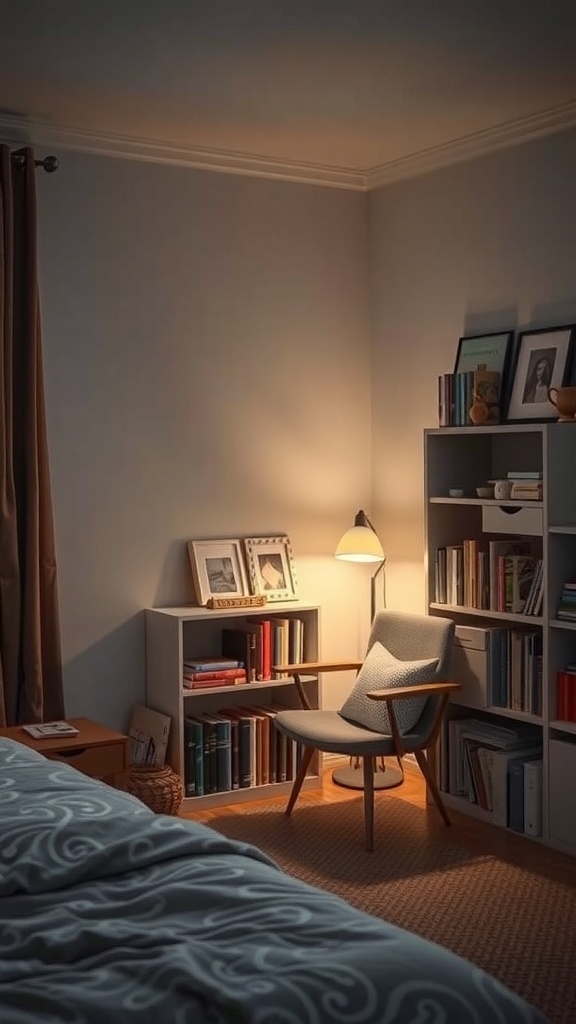 A cozy reading nook in a small bedroom with a chair, bookshelf, and warm lighting.