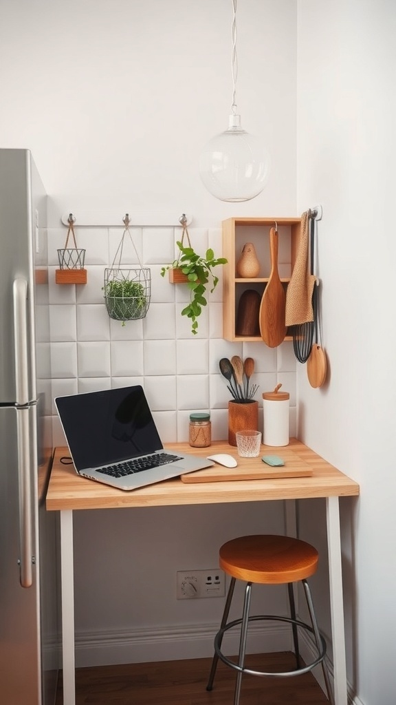 A compact kitchen workstation with a laptop, wooden utensils, and hanging plants.