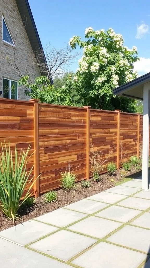 A modern composite fence made of wood-like panels, surrounded by plants and a stone pathway.