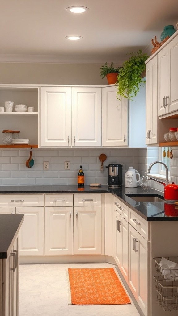 A modern kitchen featuring white cabinets, a black countertop, and colorful accents.