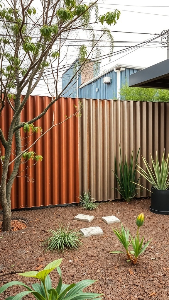 A corrugated metal fence with a mix of rust and beige panels, surrounded by plants and gravel.