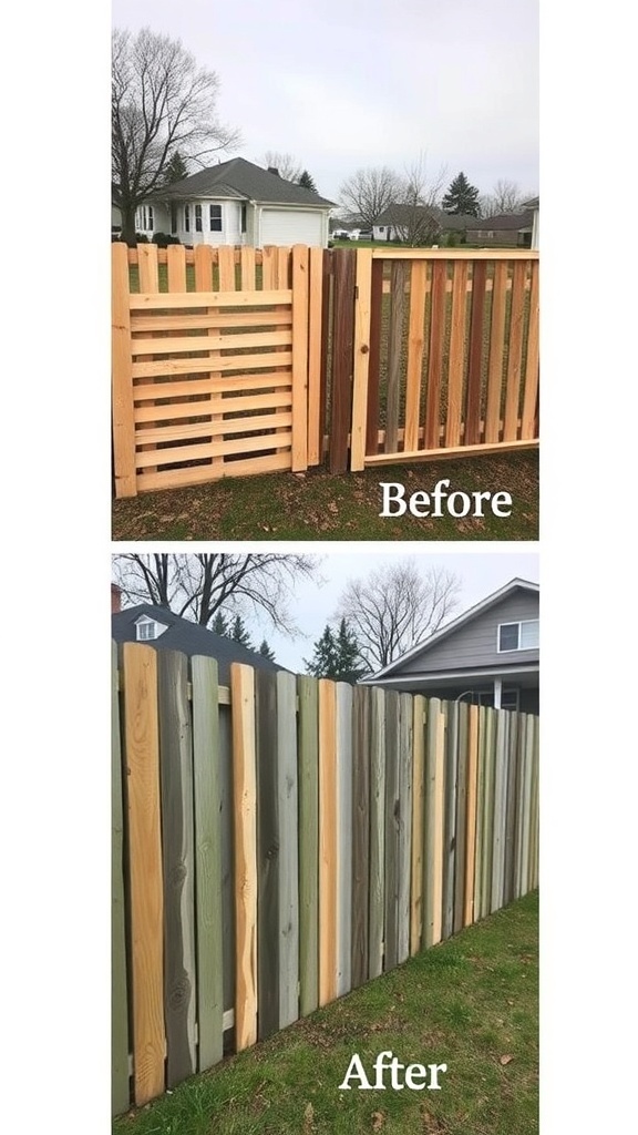 Before and after images of a pallet fence transformation.