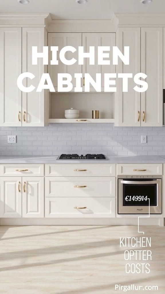 Modern kitchen cabinets with a sleek design and gold handles.