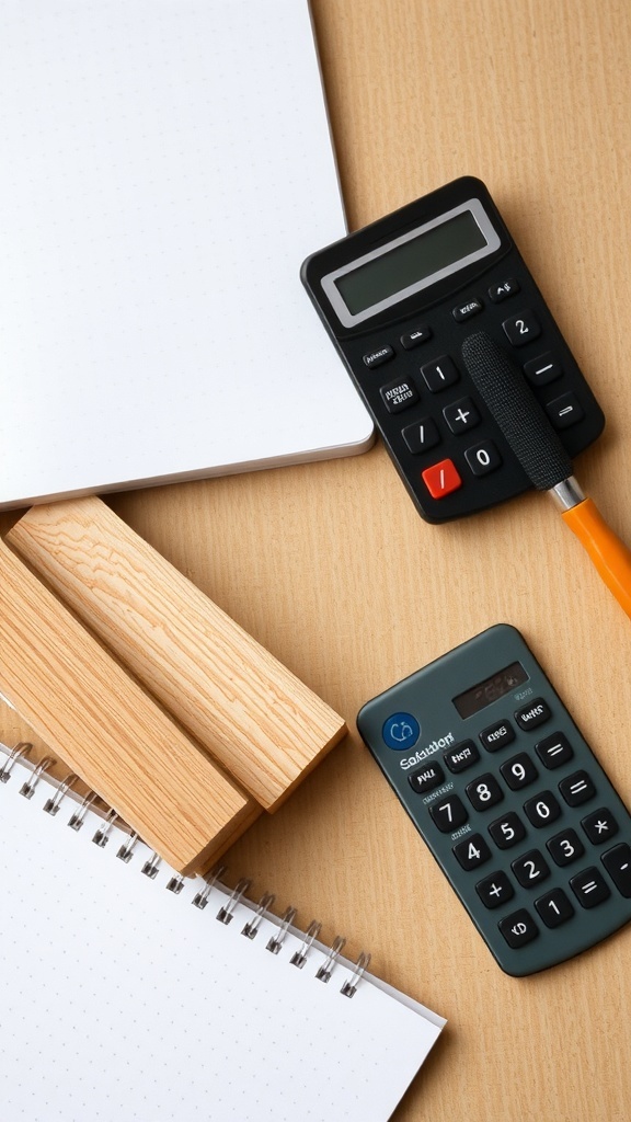 A calculator, notepad, and wooden planks on a table, symbolizing cost considerations for wood fencing.