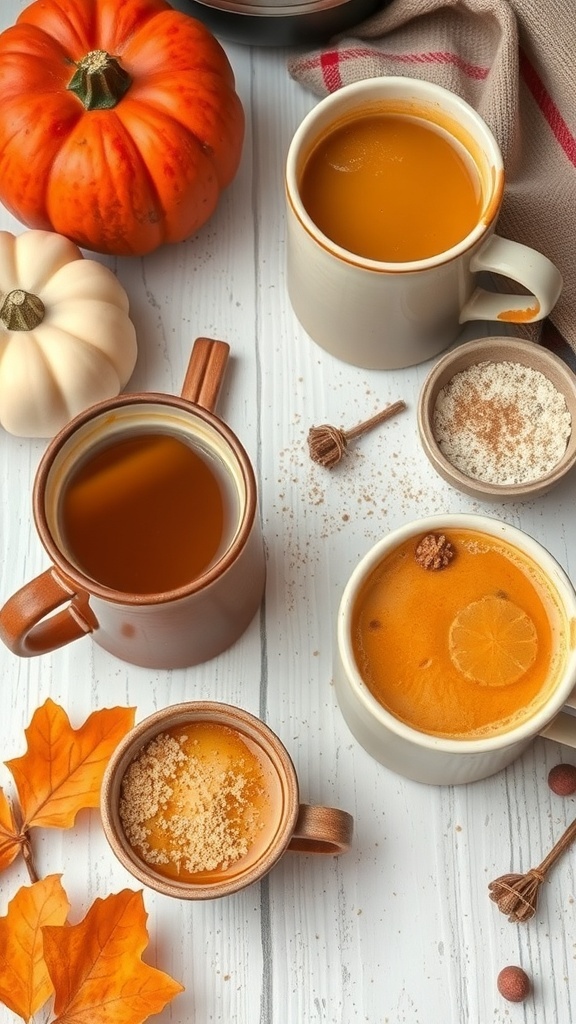 A cozy autumn beverage setup with mugs of pumpkin spice drinks, a small pumpkin, and autumn leaves.