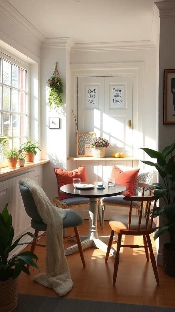 A cozy breakfast nook with a small table, comfortable chairs, and plants, illuminated by sunlight.