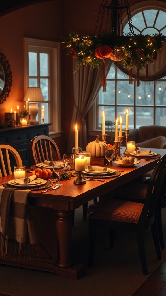A cozy Thanksgiving table setting with candles, pumpkins, and elegant dinnerware.