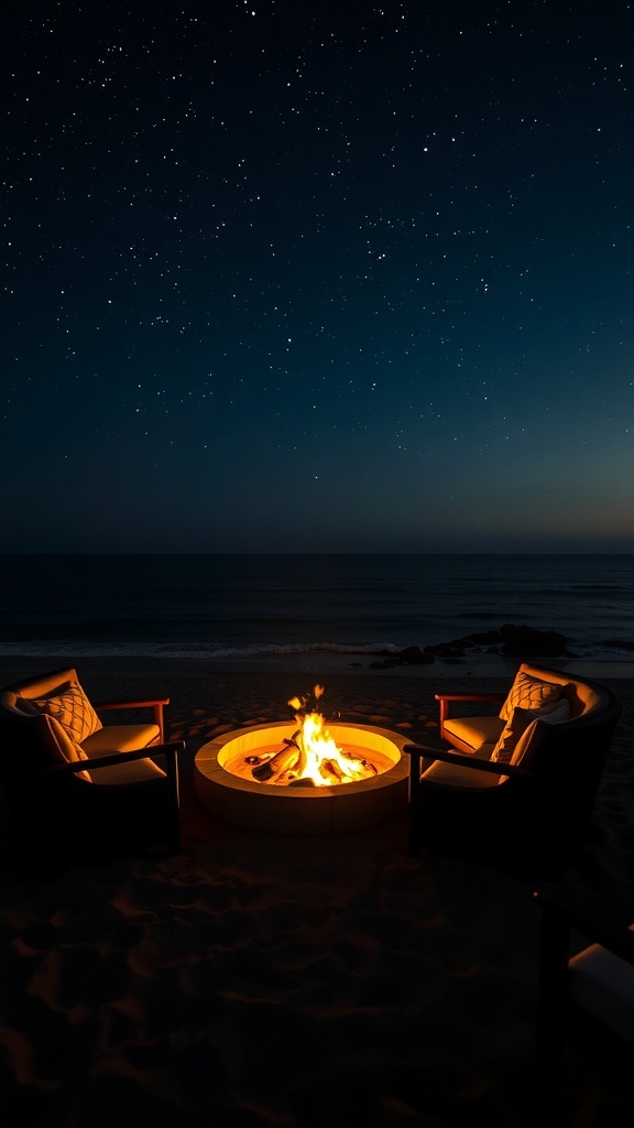 A cozy fire pit on the beach surrounded by chairs, with a starry night sky.