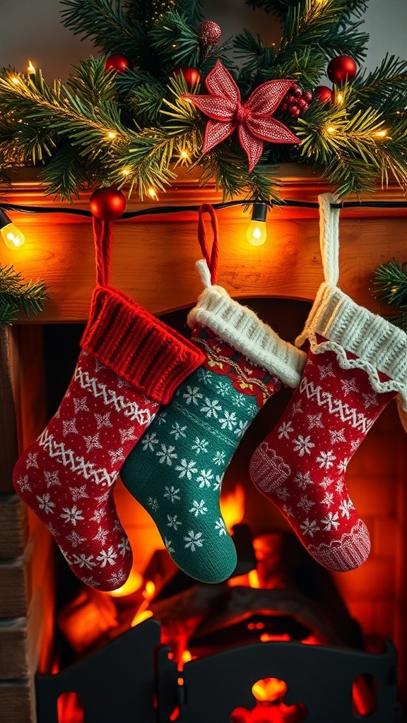 Three colorful knit Christmas stockings hanging by a fireplace, decorated with festive greenery and lights.