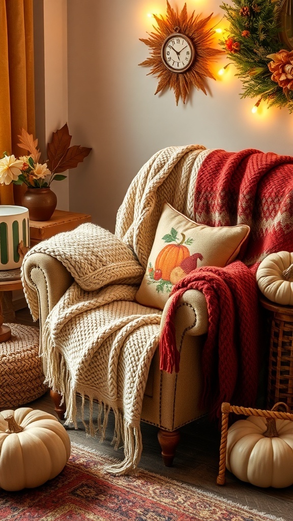 A cozy chair adorned with knit throw blankets and decorative pillows, set in a warm, inviting living room.
