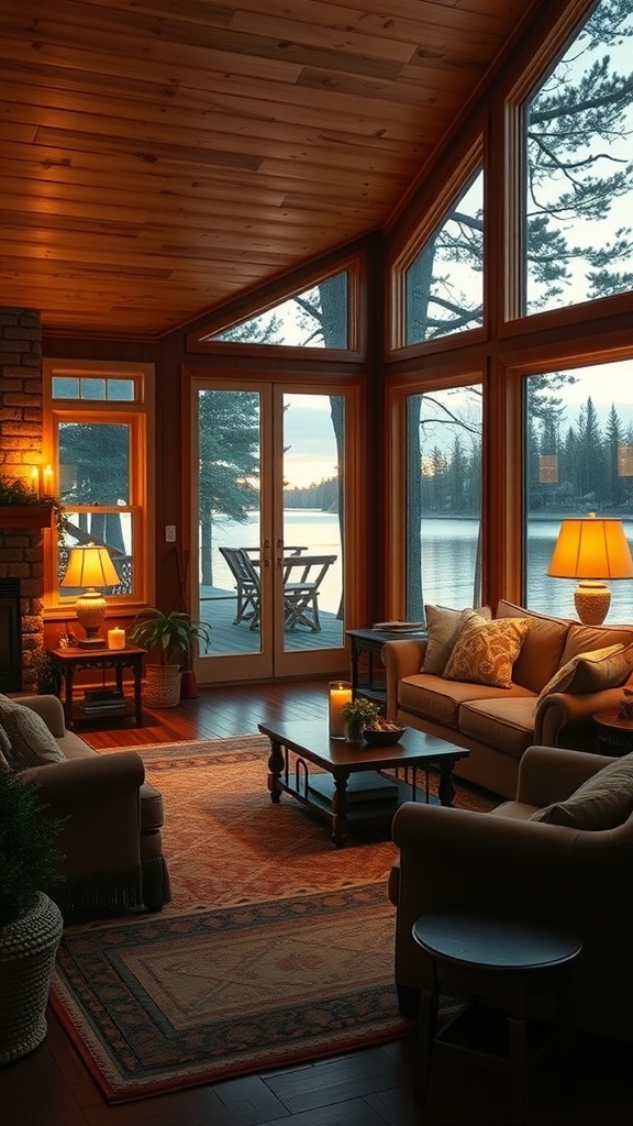 Cozy lake house interior with soft lighting and large windows overlooking the lake.