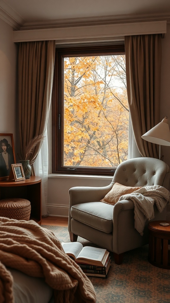 A cozy reading nook featuring a chair, blankets, and a view of autumn leaves.