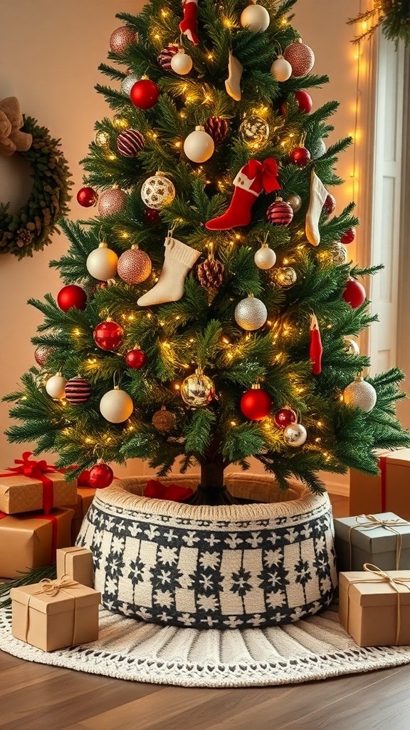 A cozy sweater tree skirt under a beautifully decorated Christmas tree with gifts.