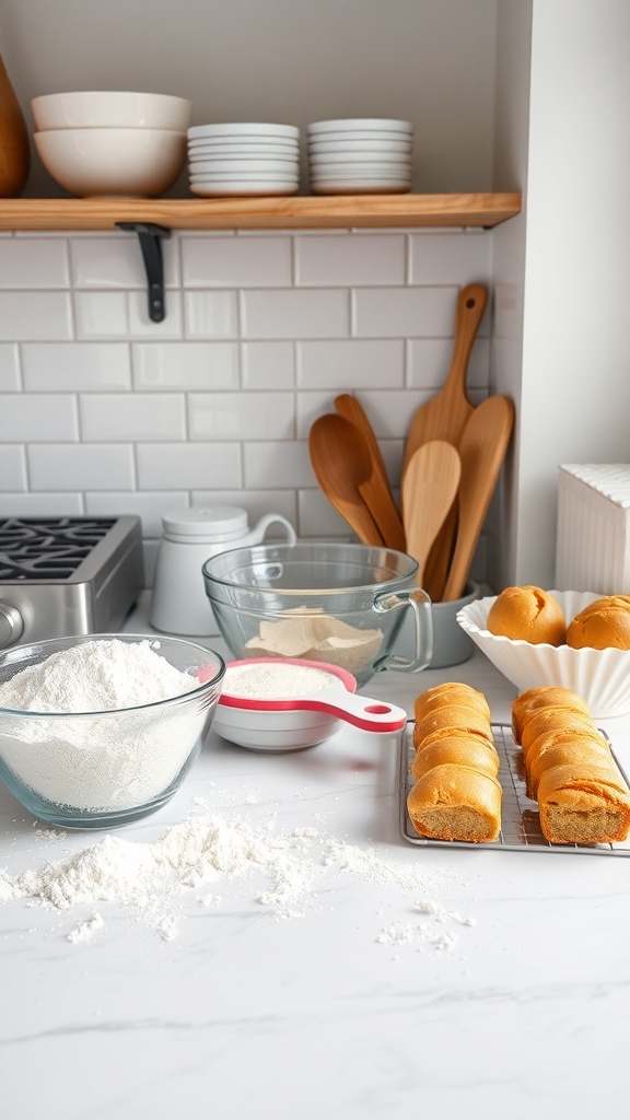 A well-organized kitchen countertop with baking ingredients and tools.