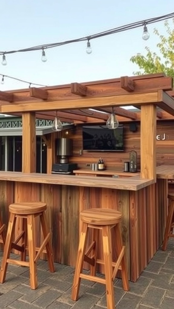 A budget-friendly outdoor bar area made of wood with stools and string lights.
