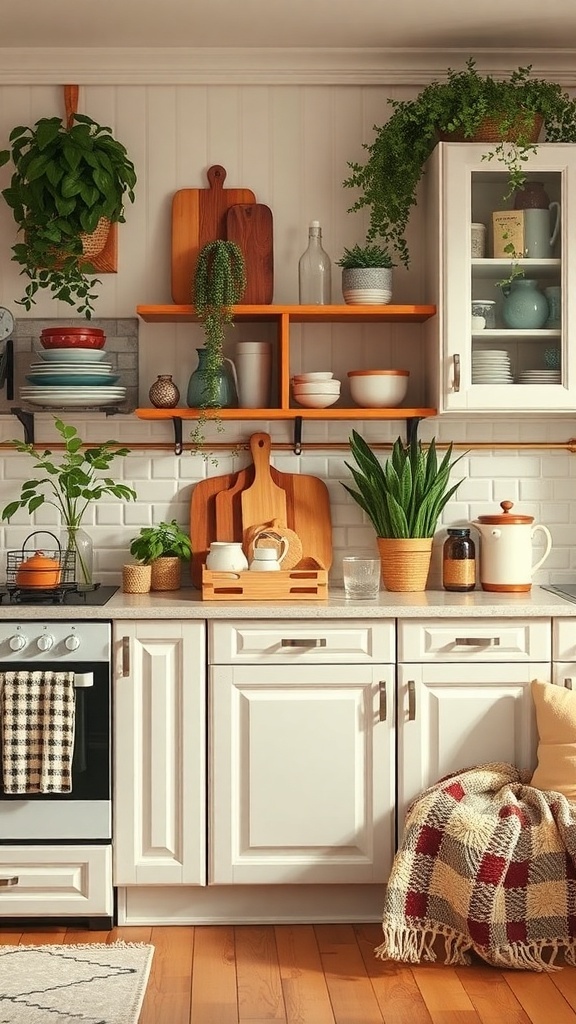 A cozy kitchen featuring white cabinets, wooden shelves, plants, and a cozy blanket.