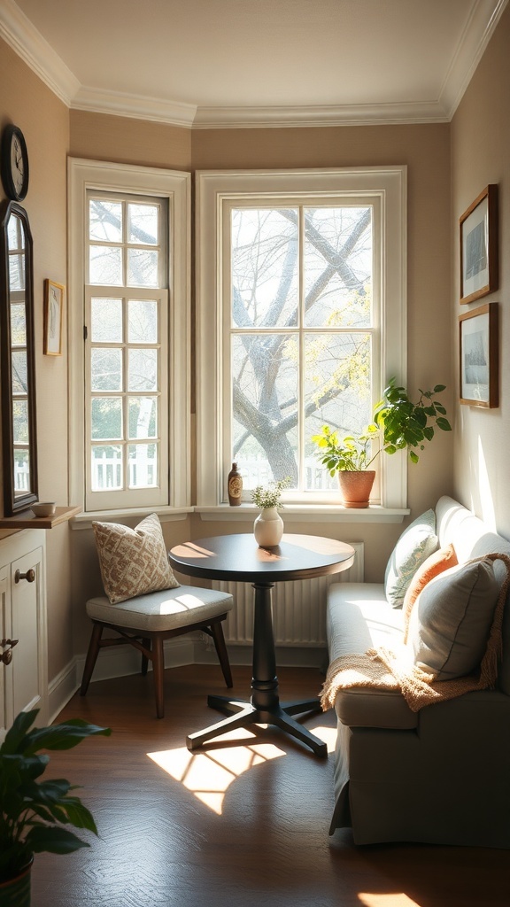 A cozy breakfast nook with a small table, comfortable seating, and natural light.