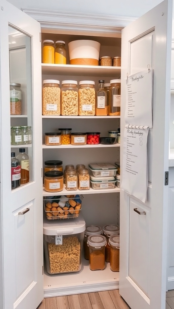 Organized pantry with labeled containers and a visible inventory list.